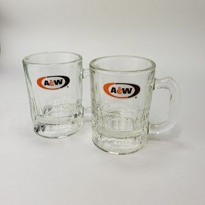 2 Vintage Small 3 1/4” A&W Root Beer Mini Mugs Shot Glasses Retro logo